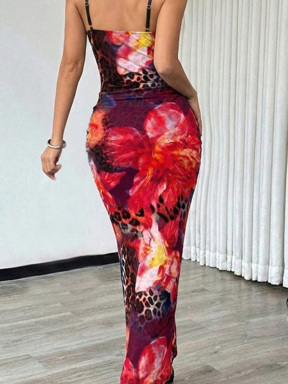 Red Sexy Women's Leopard Print Dress with Sheer Lace, Slit - Picture 2 of 6